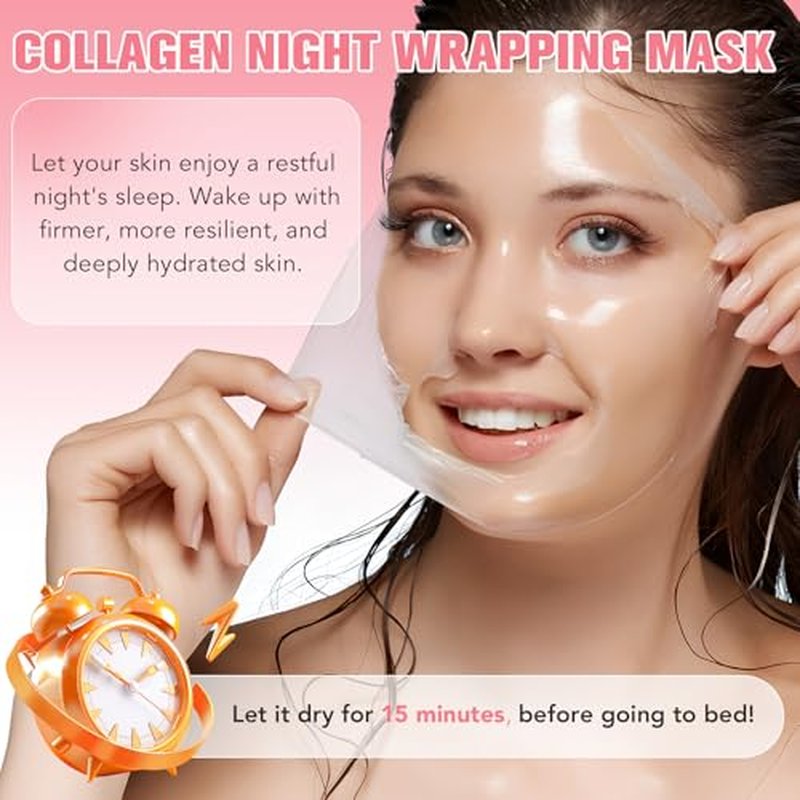 2 Pack Collagen Night Wrapping Mask with Brush 2.53 fl.oz, Collagen Overnight Peel Off Facial Mask, Hydrolyzed Collagen Face Mask, Reduces Sagging & Dullness - Hydrolyzed Face for Glowing Glass Skin