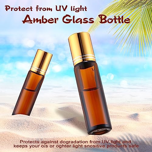 Tanlade 100 Pcs Essential Oil Roller Bottles 10 ml Amber Roll on Glass Refillable Leakproof Empty Rollerball Bottles with Funnels and Stainless Steel Roller Balls for Travel Lip Gloss