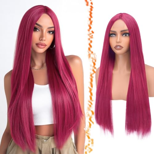 28 Inch Hot Neon Pink Synthetic Wig for Women - Long Straight Costume & Party Hair, Breathable Cap