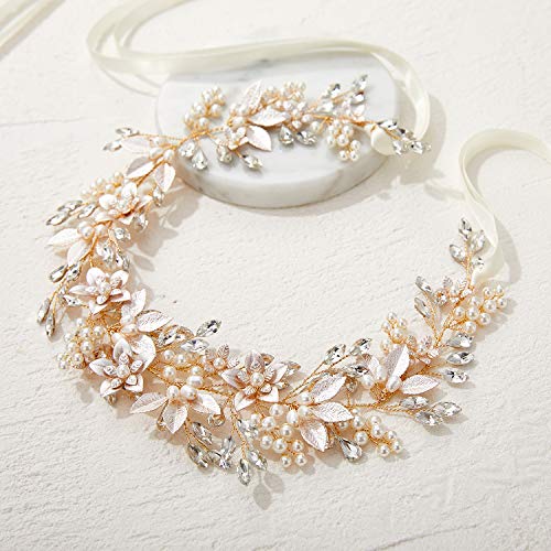 Gold Bridal Headband with Rhinestones and Pearl Flowers - Wedding Hair Accessories