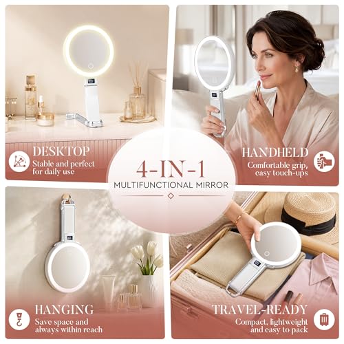 MIYADIVA White Height-Adjustable Travel Makeup Mirror with Lights, 1X/30X Magnification & Phone Holder