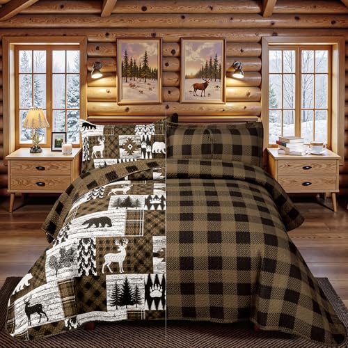 Reversible Cabin King Size Quilt Set with Shams - Bear Brown, Rustic Farmhouse Bedding