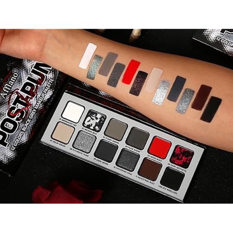 Black Grey Red Eyeshadow Palette Goth Makeup, Cold Silver Smokey Eye Shadow Compact Metallic & Matte Finishes Pigmented Burgundy Brown Cream Eyeshadow for Smokey Punk Bold Dark Vampire Gothic Clown