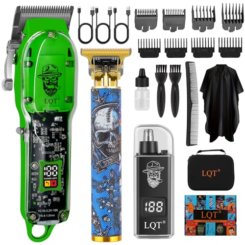 Hair Clippers for Men, Professional Cordless Rechargeable Transparent Plastic Clipper Set, Electric Trimmer for Men, Nose and Ear Hair Trimmer with Comb, Wrap, Bag, Men's Birthday Christmas Gifts