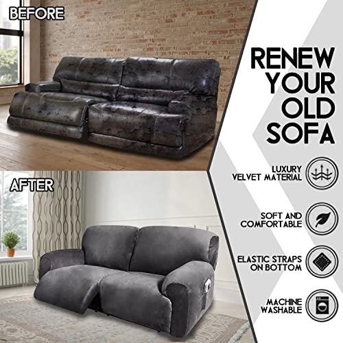 Velvet Stretch Reclining Sofa Slipcover - 75-100 Inch 2 Seater Dark Grey, 6-Piece