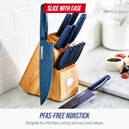 Blue Diamond Sharp Stone 14-Piece Knife Set with Wood Block - PFAS-Free Diamond Textured Stainless Steel Knives