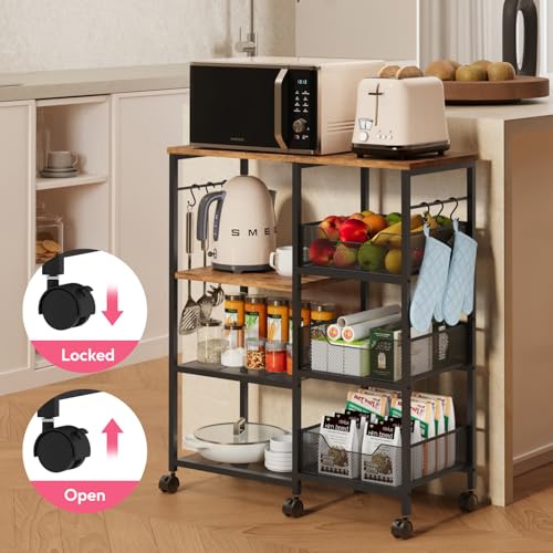 SWTYMIKI Espresso Kitchen Island Cart on Wheels - 4-Tier Rolling Storage with Hooks