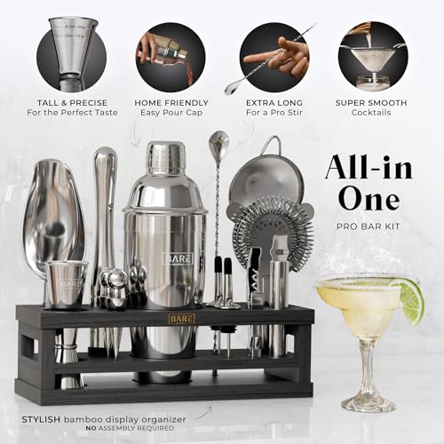 Mixology Bartender Kit with 24oz Silver/Black Cobbler Shaker & Recipe Cards