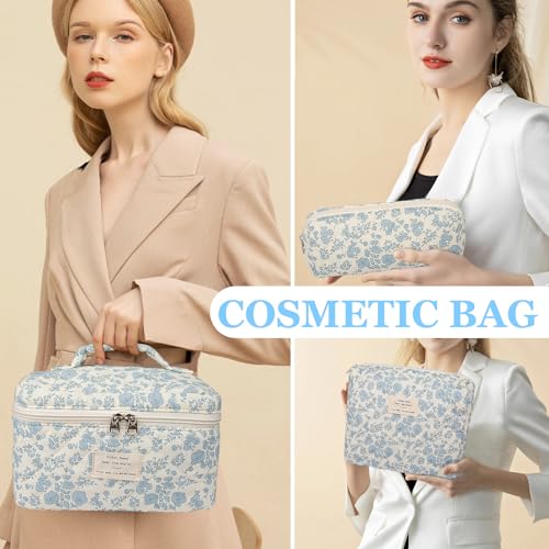 Gosect Bee Floral Quilted Makeup Bag Set, Large Travel Cosmetic Organizer