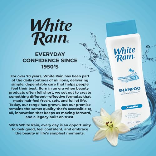 White Rain Moisturizing Shampoo - Ocean Mist Scent, 15 fl oz, Hydrating Shampoo for Men & Women, Paraben-Free & Cruelty-Free with White Lily, Green Tea & Rice Protein