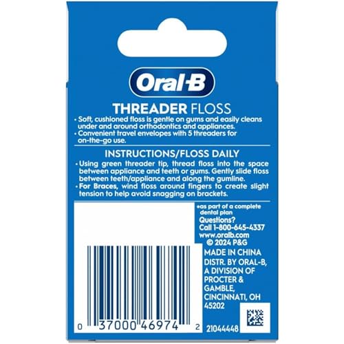 Oral-B Threader Floss Pack of 3 - 30 Count with 6 Envelopes for Braces & Implants