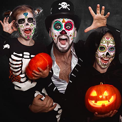 Day of the Dead Face Tattoos, Halloween Temporary Tattoo 10 Pack Dia de Los Muertos Skeleton Makeup Kit Catrina Red Rose Sugar Skull Full Face Stickers for Women Kids Halloween Accessories and Parties