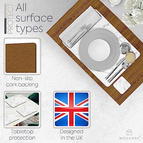 Moderry White Marble Cork Placemats Set of 4 with Free Coasters - 16 x 12 inches