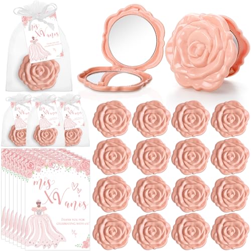Pink Quinceanera Party Favors Set - 30 Rose Compact Mirrors, Cards & Organza Bags