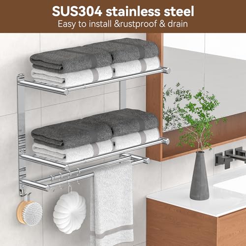 Silver 2-Tier Expandable Bathroom Towel Rack with Shelf and Hooks