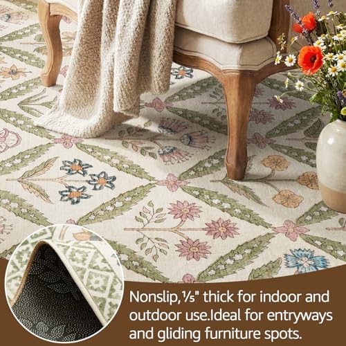 Jinchan 8x10 Sage Green Vintage Floral Washable Area Rug - Large Living Room Carpet