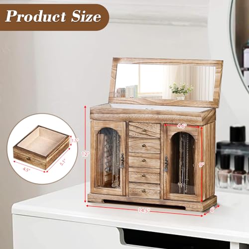Miratino Bronze Wooden Jewelry Box for Women Girls - 5 Layer Organizer with Mirror