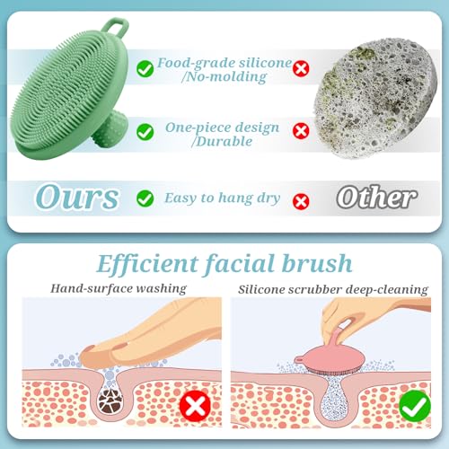 Silicone Back & Face Scrubber Set, 15.35¡¯¡¯ Soft Back Scrubber for Shower with Dual-Side Brush Head, Gentle Silicone Facial Scrubber Face Brush for Deep Lathering & Cleansing(Green-2PCS)