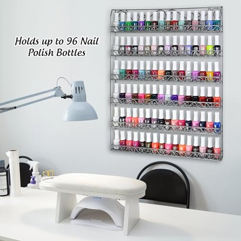 AMT Metal Nail Polish Racks for The Wall | Clear Nail Polish Display | Essential Oils Organizer | Holds up to 108 Bottles (Silver)