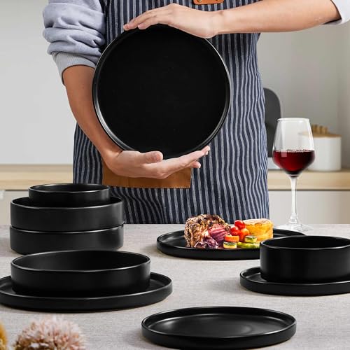 Herogo Matte Black 16-Piece Dinnerware Set for 4 - Includes 4 Dinner Plates, 4 Salad Plates, 4 Pasta Bowls & 4 Cereal Bowls