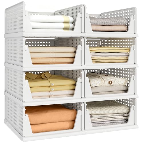 White 8 Pack Stackable Closet Organizer Storage Bins - Pinkpum