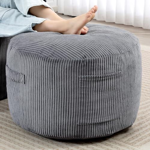 Grey Round Stuffed Ottoman 26 Inch Soft Corduroy Pouf Footstool - Manyday Variation