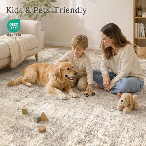 Beige 9x12 Area Rug for Living Room - Washable Soft Abstract Floor Cover
