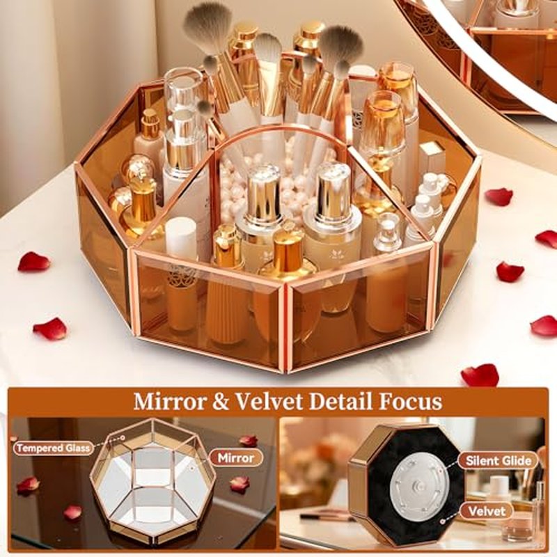 360¡Æ Rotating Makeup Organizer Spinning Vanity Organizer with Makeup Brush Holder for Countertop, Bathroom Storage, Skincare, Perfume & Cosmetic Organizer for Vanity Amber