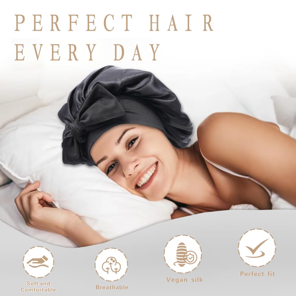 VECIIR Silk Bonnet for Sleeping Women, Ajustable Hair Bonnet for Curly Hair with Tie Band Shower Caps Black，Large