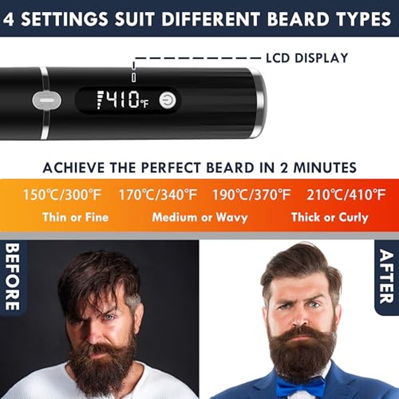 Beard Straightener for Men - Cordless Heated Beard Straightening Comb with LCD, Beard and Hair Straightener Brush Hot Comb, Anti-Scald & Automatic Shut-Off, Portable for Travel