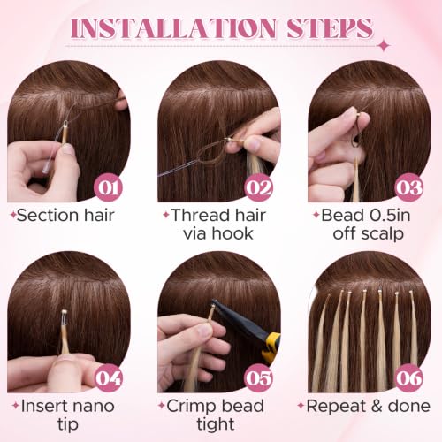 Nano Bead Hair Extensions 18 Inch Real Human Hair - Medium Brown #04 - Seamless & Reusable