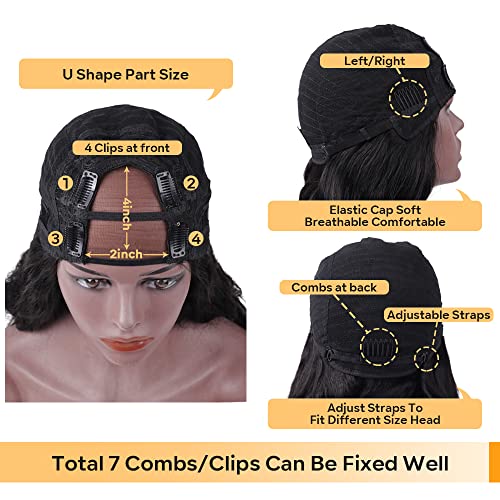Tahikie 14 Inch Brazilian Virgin Human Hair U Part Wig Body Wave 250% Density Glueless Lace Front for Black Women
