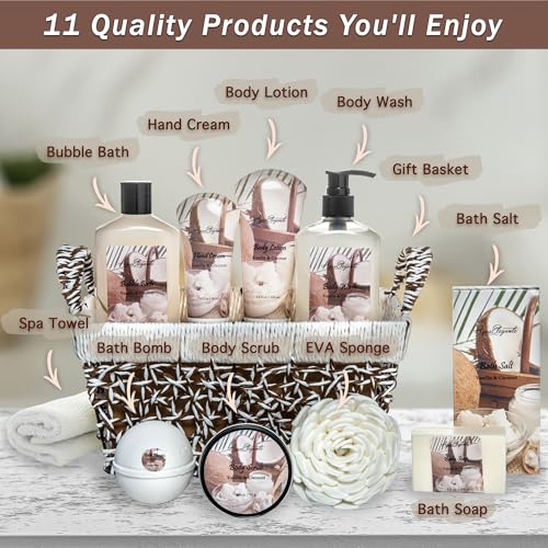 Aqua Elegante Coconut Vanilla Bath Gift Basket for Women - Deluxe 11-Piece Set - Variation: Coconut + Vanilla / 1 Count