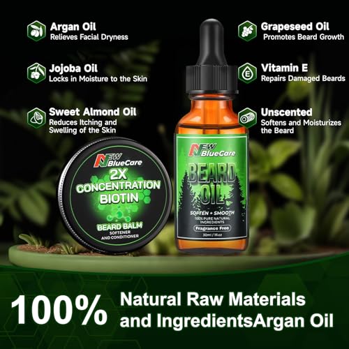 Beard Oil and Beard Balm for Men - Beard Growth Kit for Beard Soften and Moisture - Natural & Organic Jojoba, Argan, Shea Butter - Beard Care Kit for Dad, Husband, Boyfriend, Green