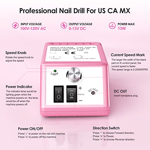 Pink Professional Nail Drill Machine 20000 RPM with 6 Nail Bits & Sanding Bands