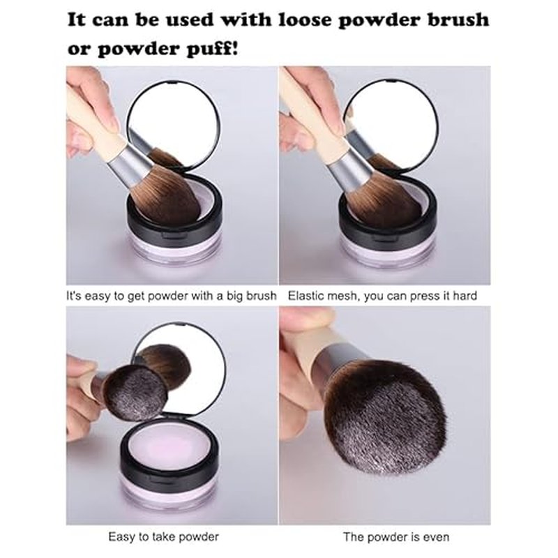 AKOAK 2 Pcs Capacity 20 ml(0.67 oz) Empty Reusable Plastic Loose Powder Compact Container DIY Makeup Powder Case with Sponge Powder Puff,Mirror and Elasticated Net Sifter (Large mesh face)