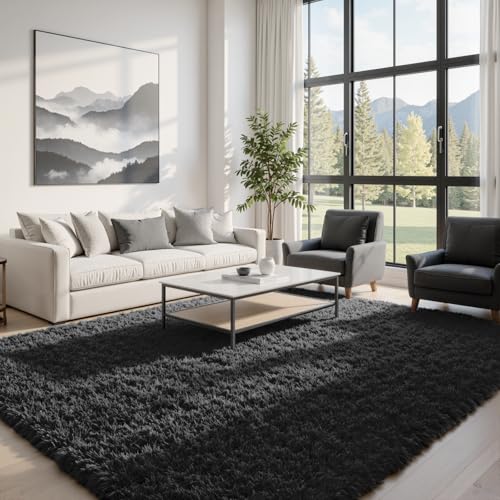 Fuzziness 8x10 Black Fluffy Shag Area Rug - Ultra Soft Plush Carpet for Living Room & Bedroom