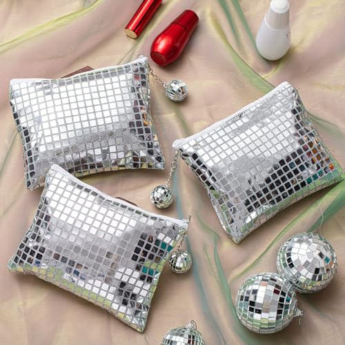 Silver Disco Sequin Makeup Bags - Pack of 20 with Ball Keychain - 70s Style