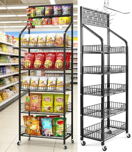 Black 5-Tier Candy Display Rack with Lockable Wheels & Hooks