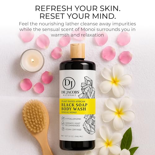 African Black Liquid Soap with Monoi Scent - All-In-One Body Wash, Shampoo & Shaving Soap | 16oz Pack of 2