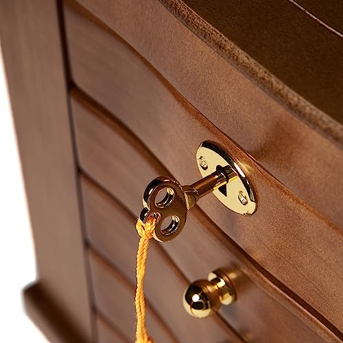FEECOZ Wooden Jewelry Box for Women with Mirror & Lock - Dark Brown Rose Pattern