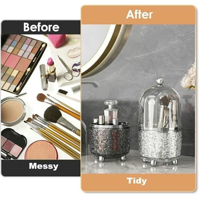 360 Rotating Makeup Brush Holder with Lid Dustproof Spinning Brush Storage for Bathroom Countertop, Cosmetic Tools Organizer with Cover for Vanity (Clear)