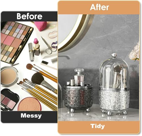 CHIRISEN Gray 360° Rotating Makeup Brush Holder with Lid - Dustproof Cosmetic Organizer