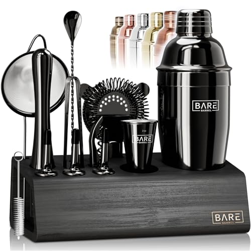 Bartender Kit Bar Set with 24oz Cobbler Shaker - Jet Black/Black, 14 Pieces with Recipe Cards