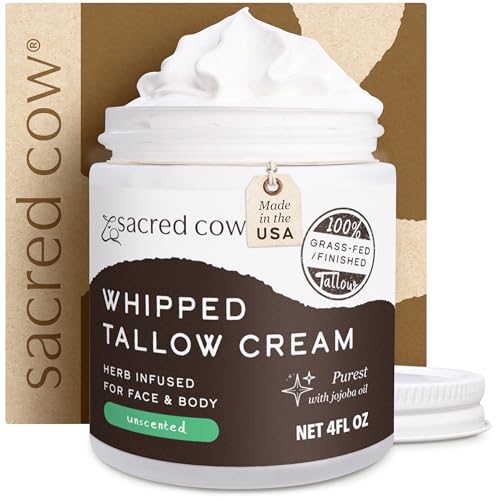 SACRED COW 100% Pure Organic Grass Fed Beef Tallow for Skin Care, Face Moisturizer, Body Butter, Hand Cream - Natural Whipped Tallow & Honey Balm Lotion Cream - Made in the USA - 4oz (UNSCENTED)