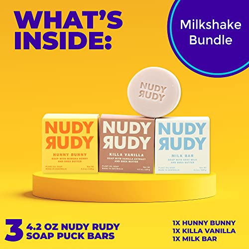Nudy Rudy Milkshake Bundle Bar Soap Pucks with Organic Shea Butter - Pack of 3, 4.2 oz Each, Includes Honey Bunny, Killa Vanilla & Milk Bar