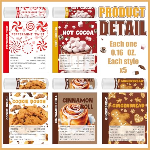25 Pcs Christmas Lip Balms Bulk Peppermint Candy Cane Gingerbread Hot Cocoa Gifts Cookie Cinnamon Flavor Lip Balm Party Favor Xmas Stocking Stuffers Christmas Bulk Gifts for Coworker Staff Employee