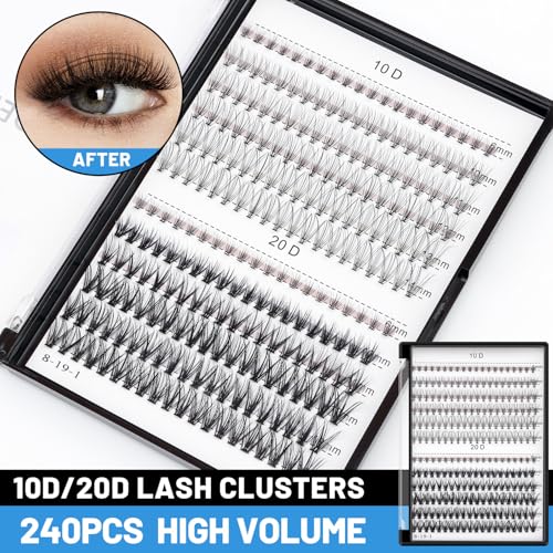 Bodermincer 10D 20D 240pcs Cluster Eyelash Extensions 10-11-12-13-14mm MixedEyelash Clusters Lash Extension Individual Lashes for Self Application (10D+20D, 10-11-12-13-14mm Mixed)