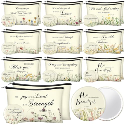 Abbylike 40 Pcs Christian Gift for Women Include 20 Bible Verse Makeup Bags 20 Christian Compact Mirrors Inspirational Religious Scripture Gift for Mom Sister Birthday Christmas(Elegant Style)