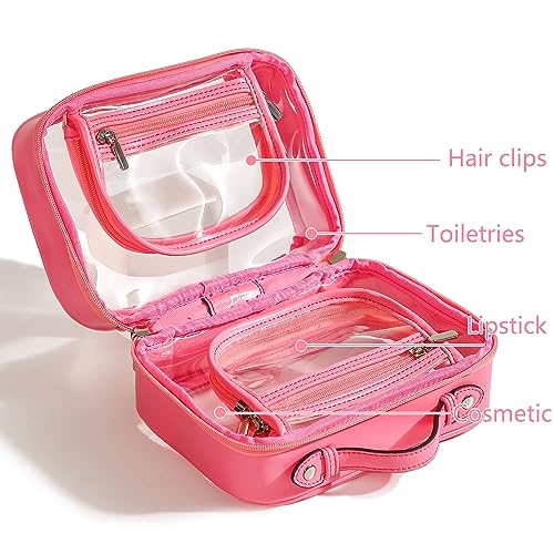 Veki Rose Red Large TSA Approved Clear Makeup Bag with Double Layer, 180° Opening